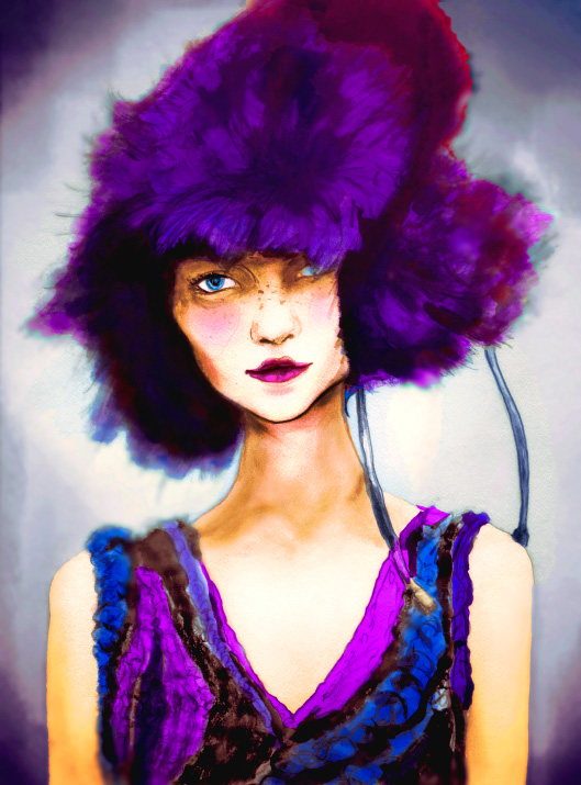 Igor and andre s Danny Roberts Fashion Artist painting of Christina b in a bright purple Fur Hat and a knit dress from Chris Benz new York Fashion Week Collection